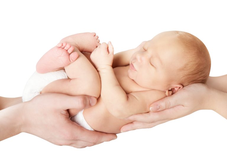 Newborn Baby in Family Hands, Sleeping New Born Kid on White background, Parents Care Concept